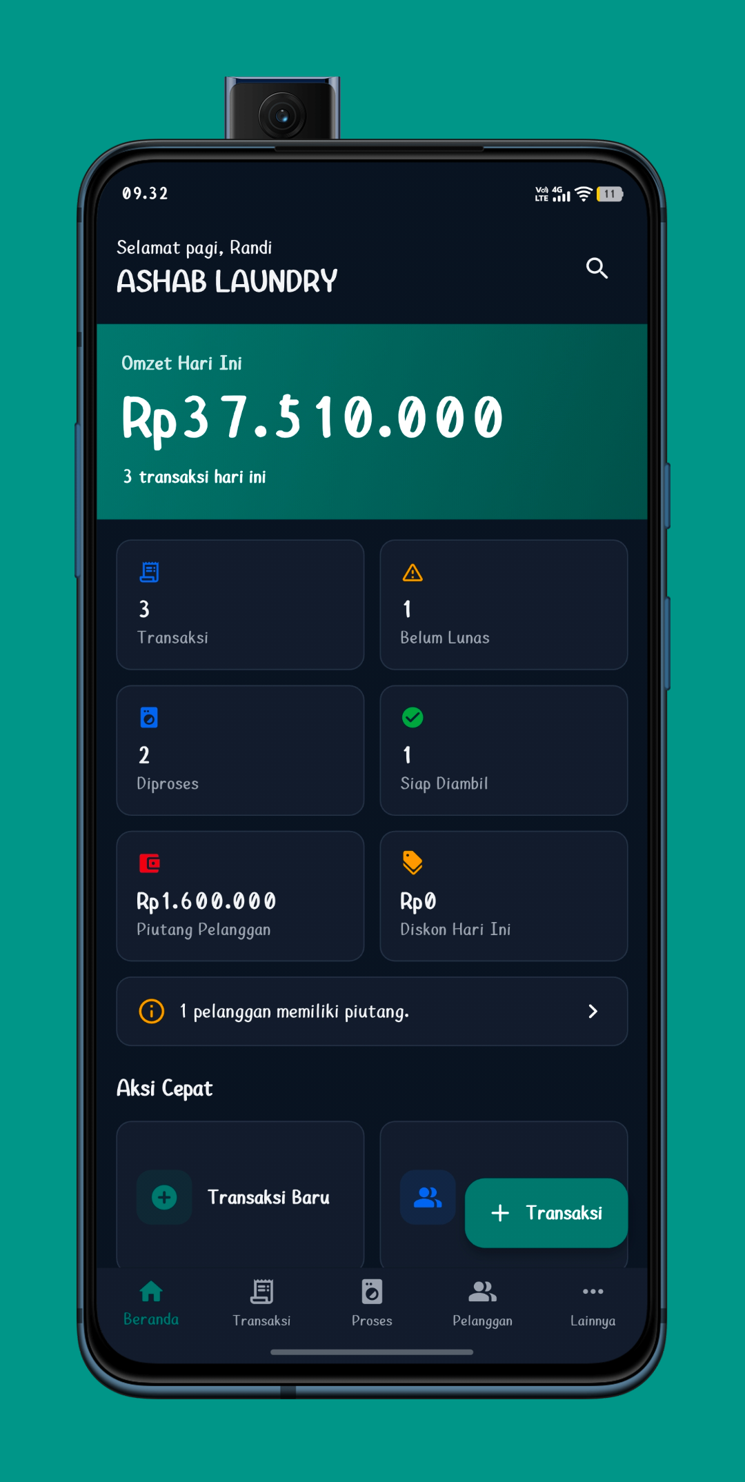 Tampilan dashboard ASHAB LAUNDRY menunjukkan omzet harian dan status transaksi