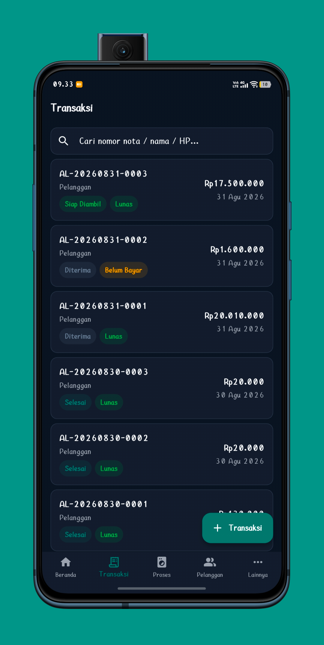 Daftar transaksi laundry dengan status Siap Diambil, Belum Bayar, dan Lunas